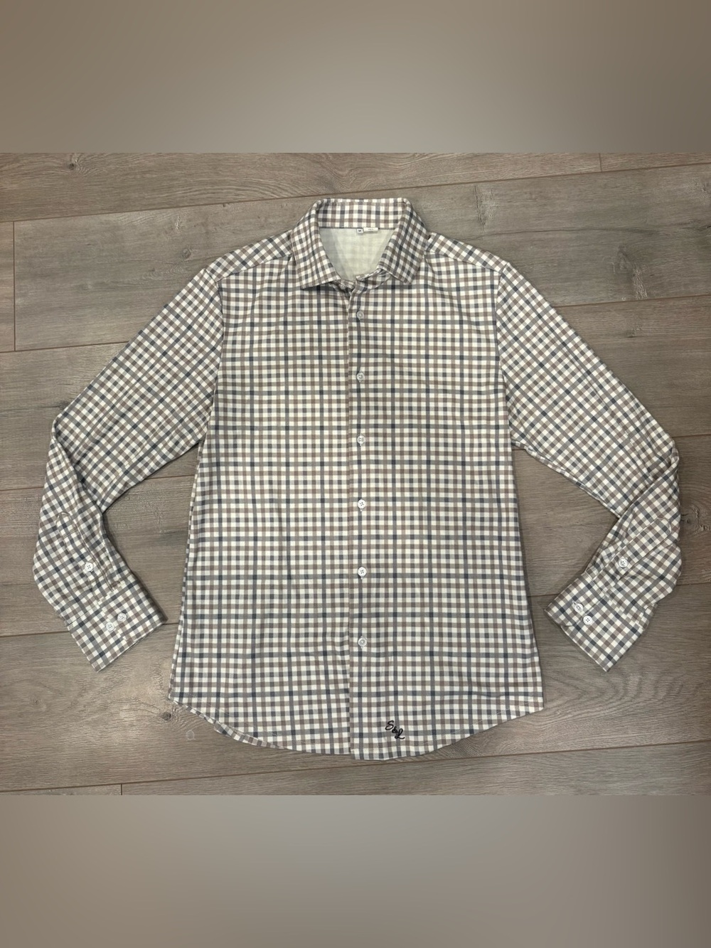 State & Liberty Mens Sz M Athletic Brown/Gray Plaid Performance Flannel Shirt